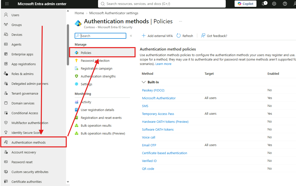 Esercizio 1 – Passo 3 – Verificare/configurare i metodi di autenticazione