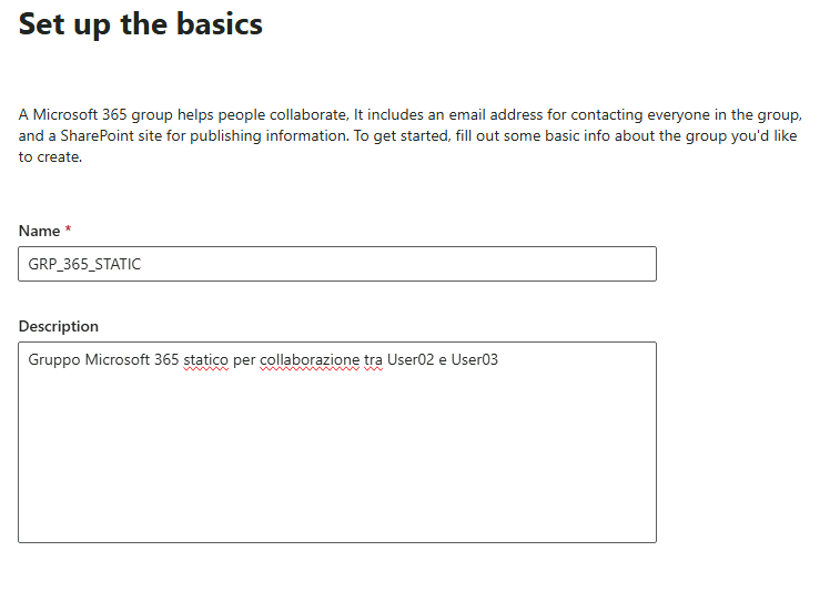 Esercizio 3 – Passo 5 – Creazione del gruppo Microsoft 365 (GRP_365_STATIC)