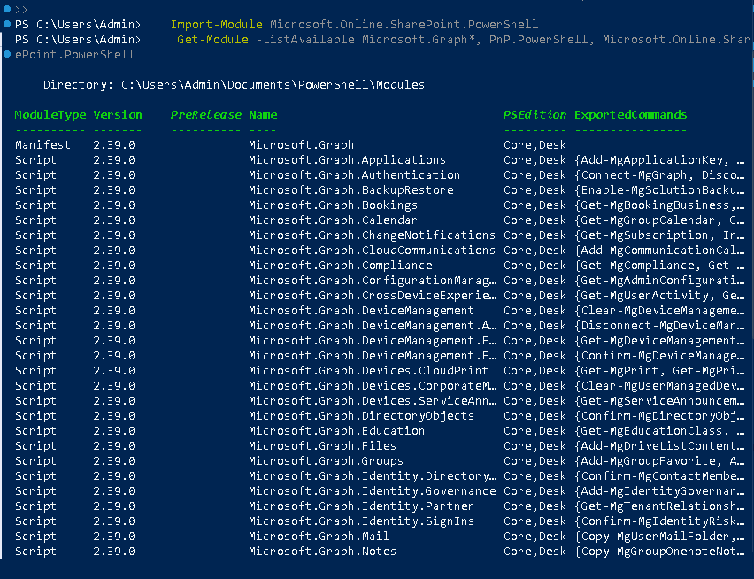 Esercizio 4 – Passo 3 – Installazione dei moduli PowerShell (MS Graph, PnP, SPO)