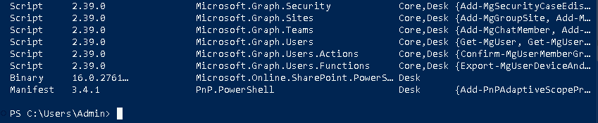 Esercizio 4 – Passo 3 – Installazione dei moduli PowerShell (MS Graph, PnP, SPO)