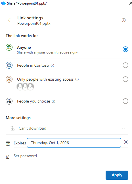 Esercizio 1 – Passo 4 – Condivisione con link "Can't Download" e scadenza a 1 mese