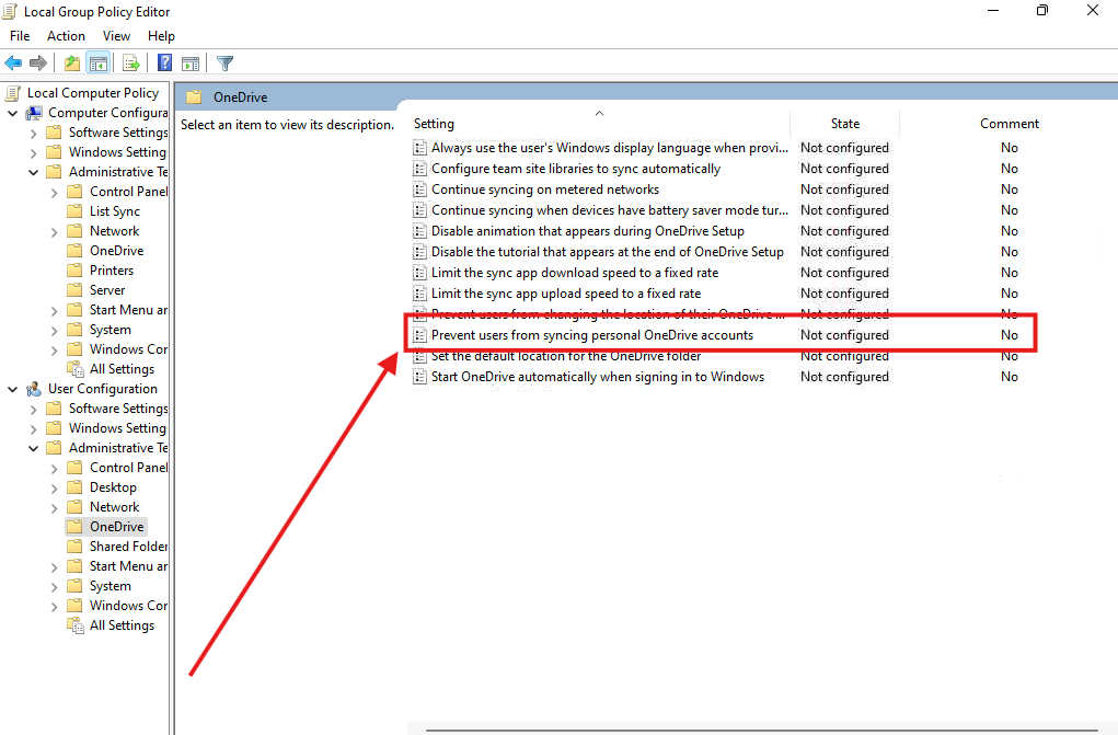 Esercizio 1 – Passo 10 – Configurazione delle policy OneDrive tramite GPEDIT (da SEA-DEV3, User03)