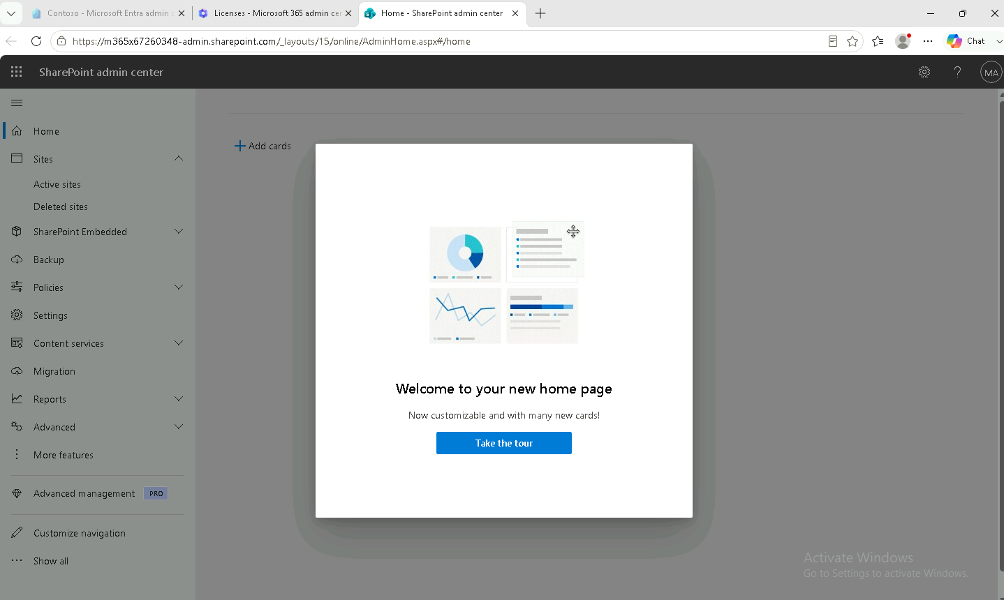 Esercizio 1 – Passo 1 – Accesso all'Admin Center e a SharePoint