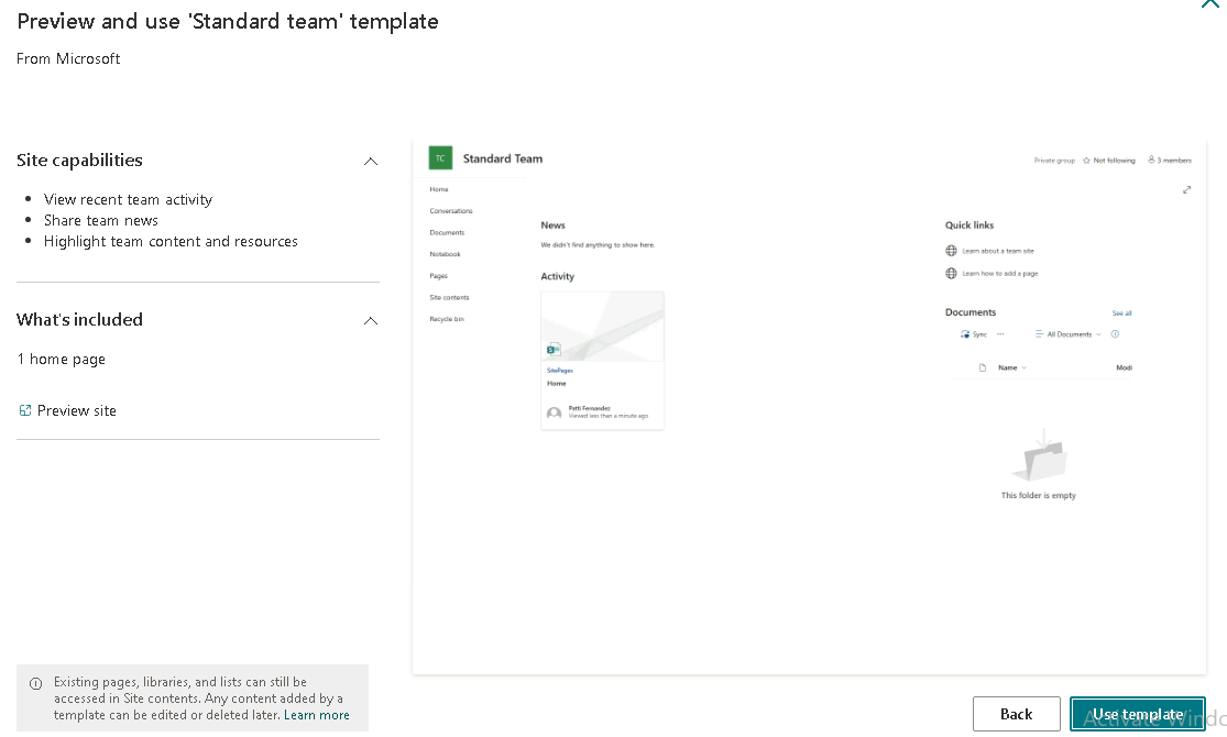 Esercizio 1 – Passo 2 – Creazione del sito Team Site "Marketing Department"