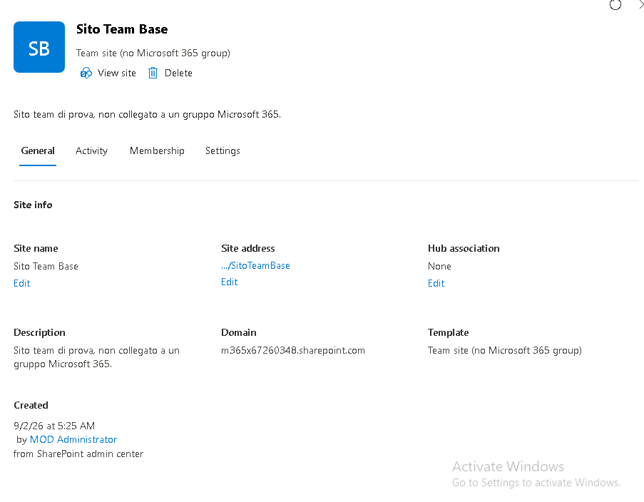 Esercizio 1 – 3.2 – Team Site senza Microsoft 365 Group