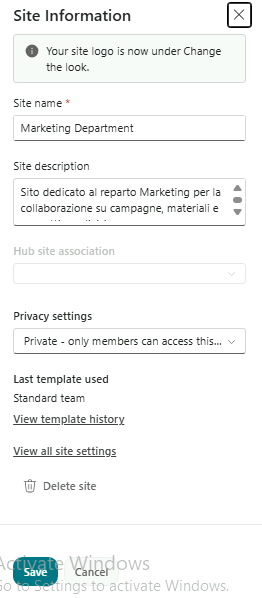 Esercizio 7 – Passo 2 – Site Information