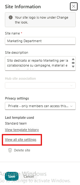 Esercizio 7 – Passo 5 – View all site settings (solo visualizzazione)