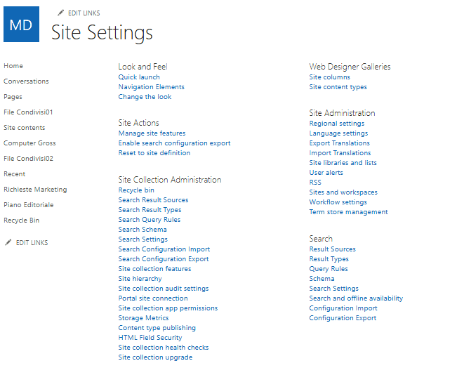 Esercizio 7 – Passo 5 – View all site settings (solo visualizzazione)