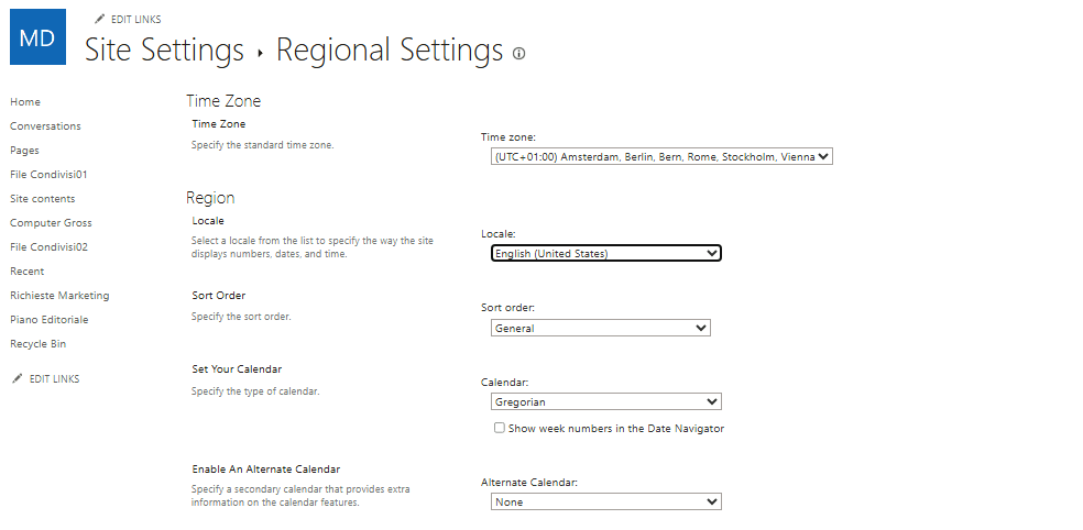 Esercizio 7 – Passo 5 – View all site settings (solo visualizzazione)