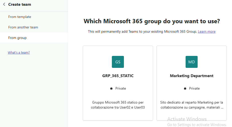 Esercizio 8 – Passo 2 – Creazione del Team a partire dal gruppo Microsoft 365 esistente