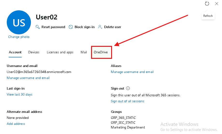 Esercizio 1 – Passo 2 – Gestione delle impostazioni OneDrive di User02