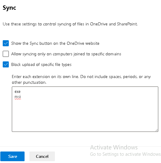 Esercizio 3 – Passo 6 – OneDrive: Sync (blocco estensioni file)