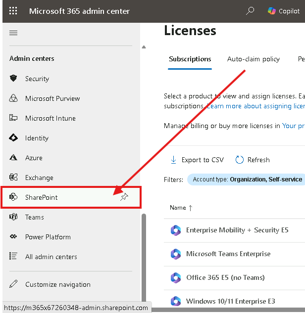 Esercizio 4 – Passo 1 – Accesso al SharePoint Admin Center