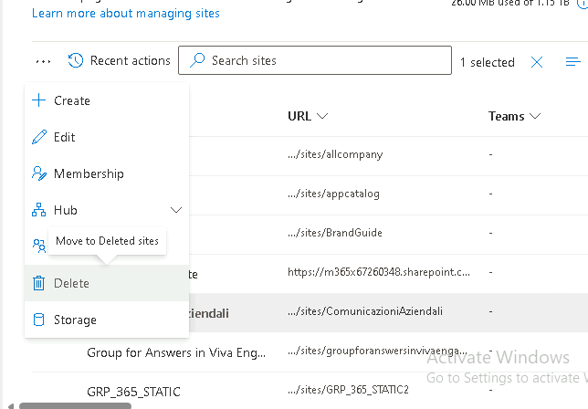 Esercizio 4 – Passo 2 – Eliminazione del sito Communication