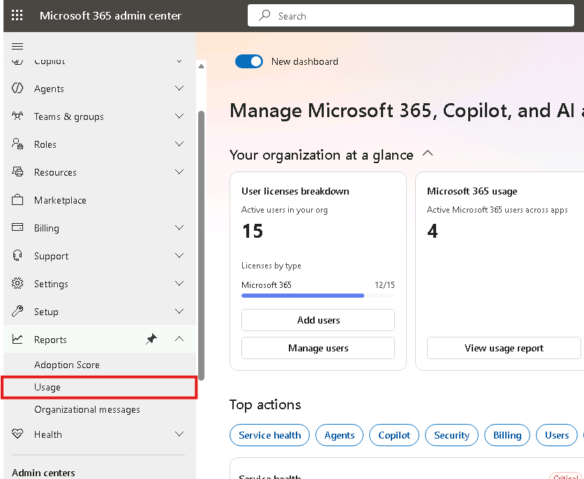 Esercizio 5 – Passo 3 – Reports da Admin Center 365